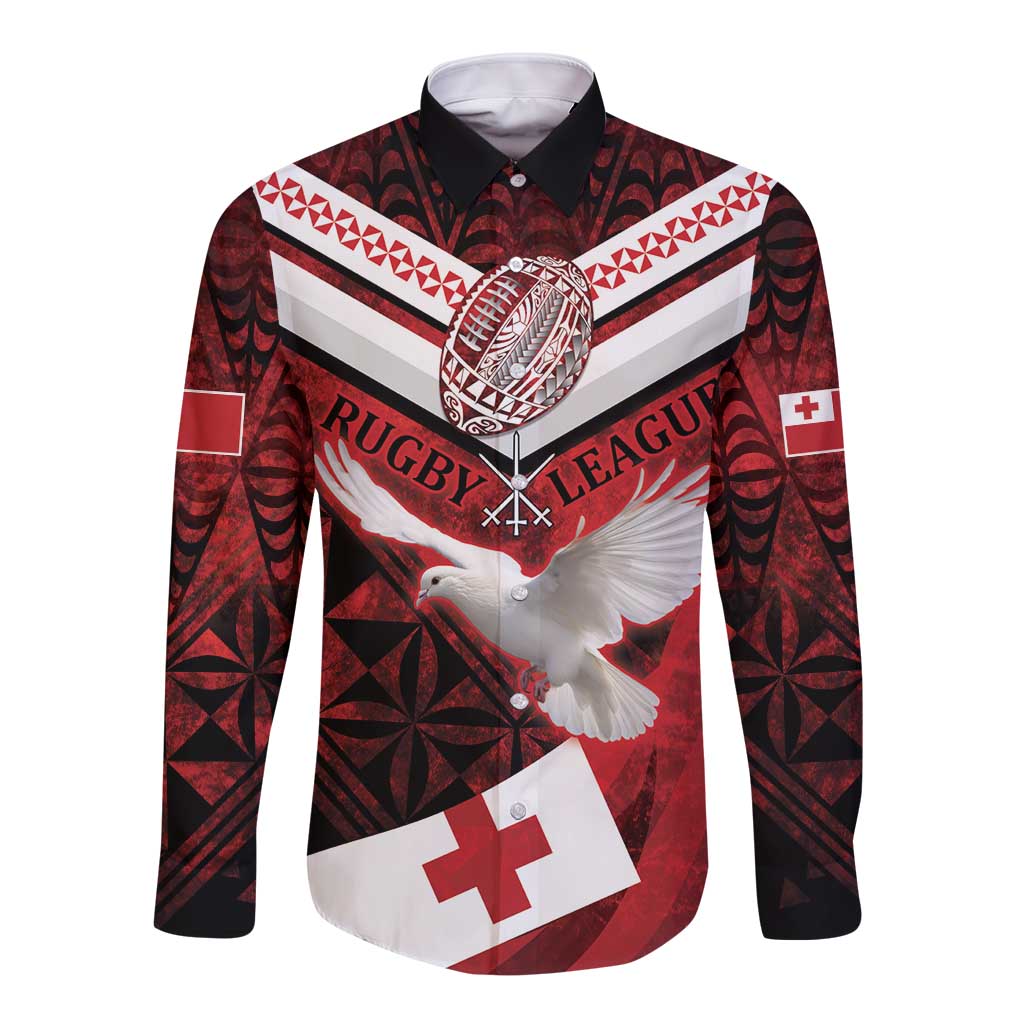 Custom Tonga XIII Rugby Tribal Tattoo Long Sleeve Button Shirt Mate Ma'a Tonga Kupesi Ngatu Grunge Style LT9 Unisex Red - Polynesian Pride