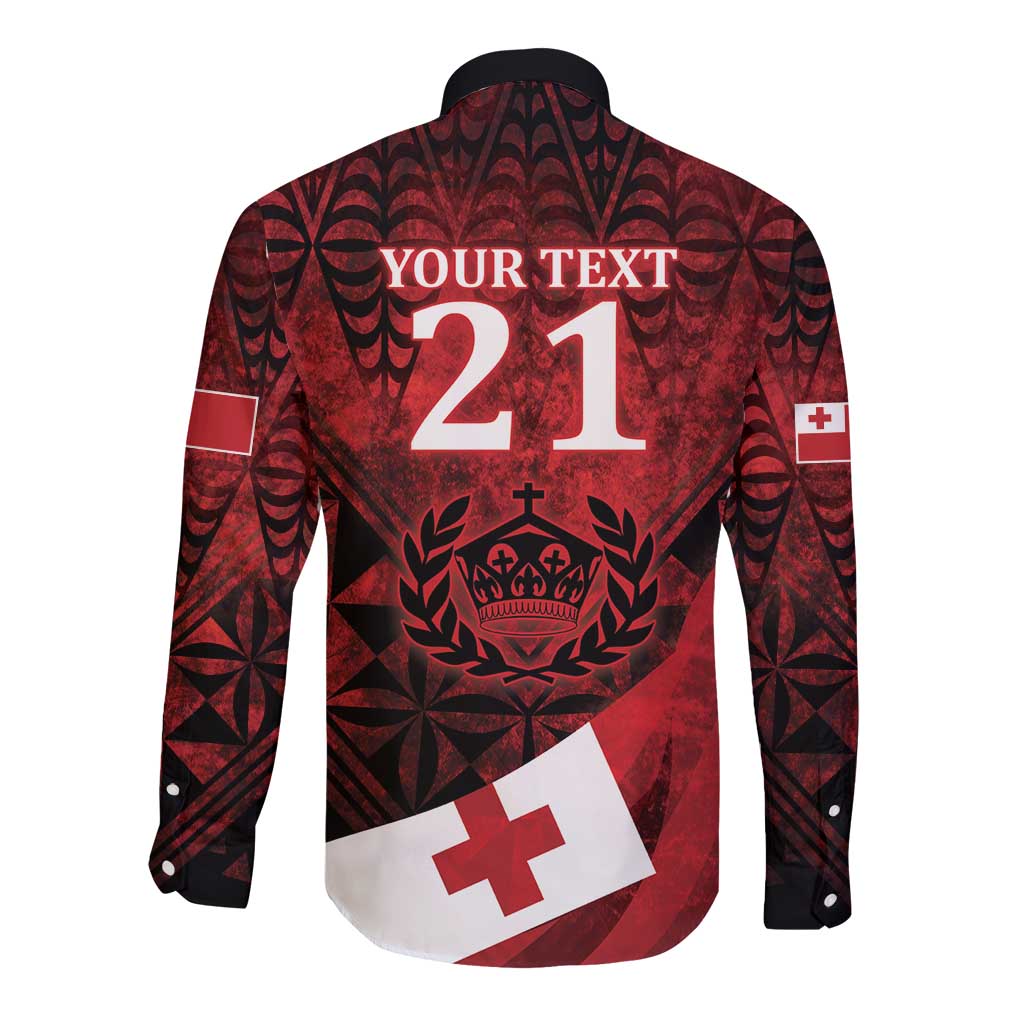 Custom Tonga XIII Rugby Tribal Tattoo Long Sleeve Button Shirt Mate Ma'a Tonga Kupesi Ngatu Grunge Style LT9 - Polynesian Pride
