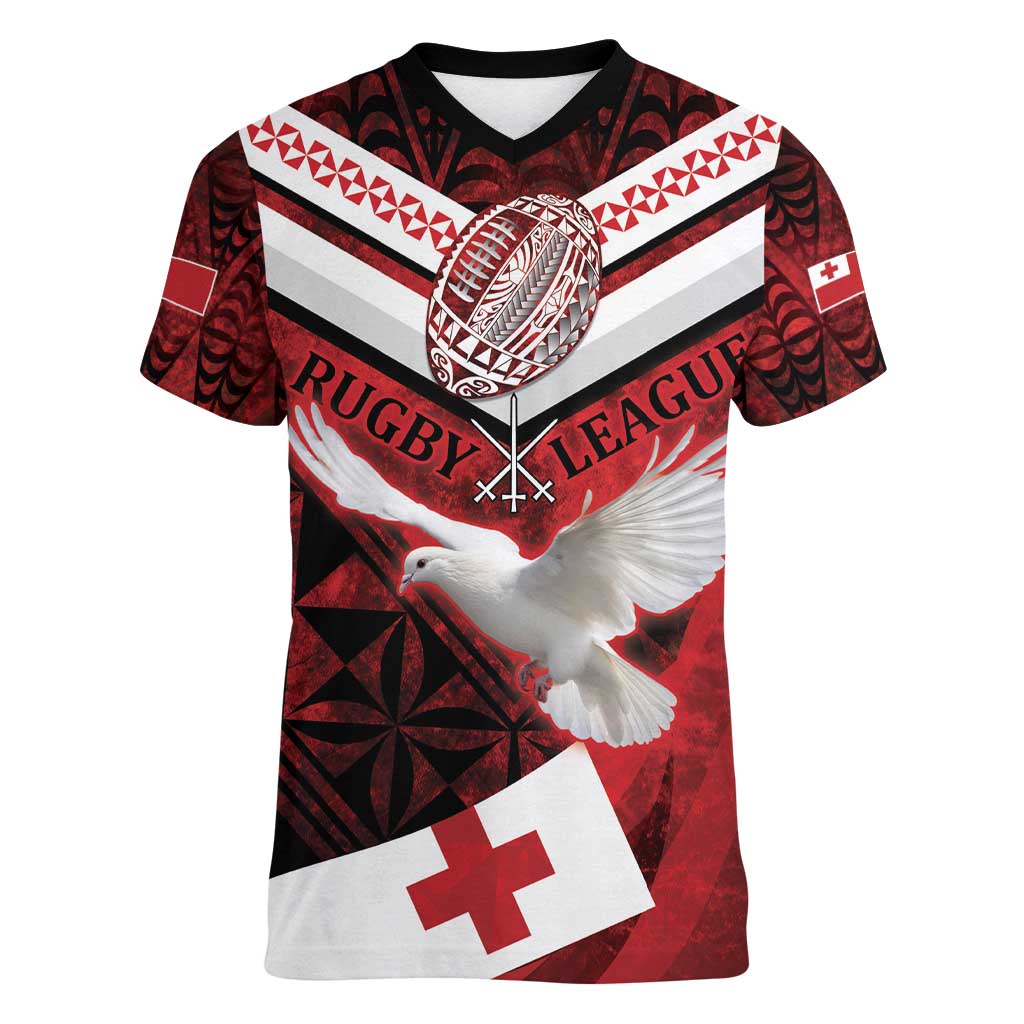 Custom Tonga XIII Rugby Tribal Tattoo Women V-Neck T-Shirt Mate Ma'a Tonga Kupesi Ngatu Grunge Style