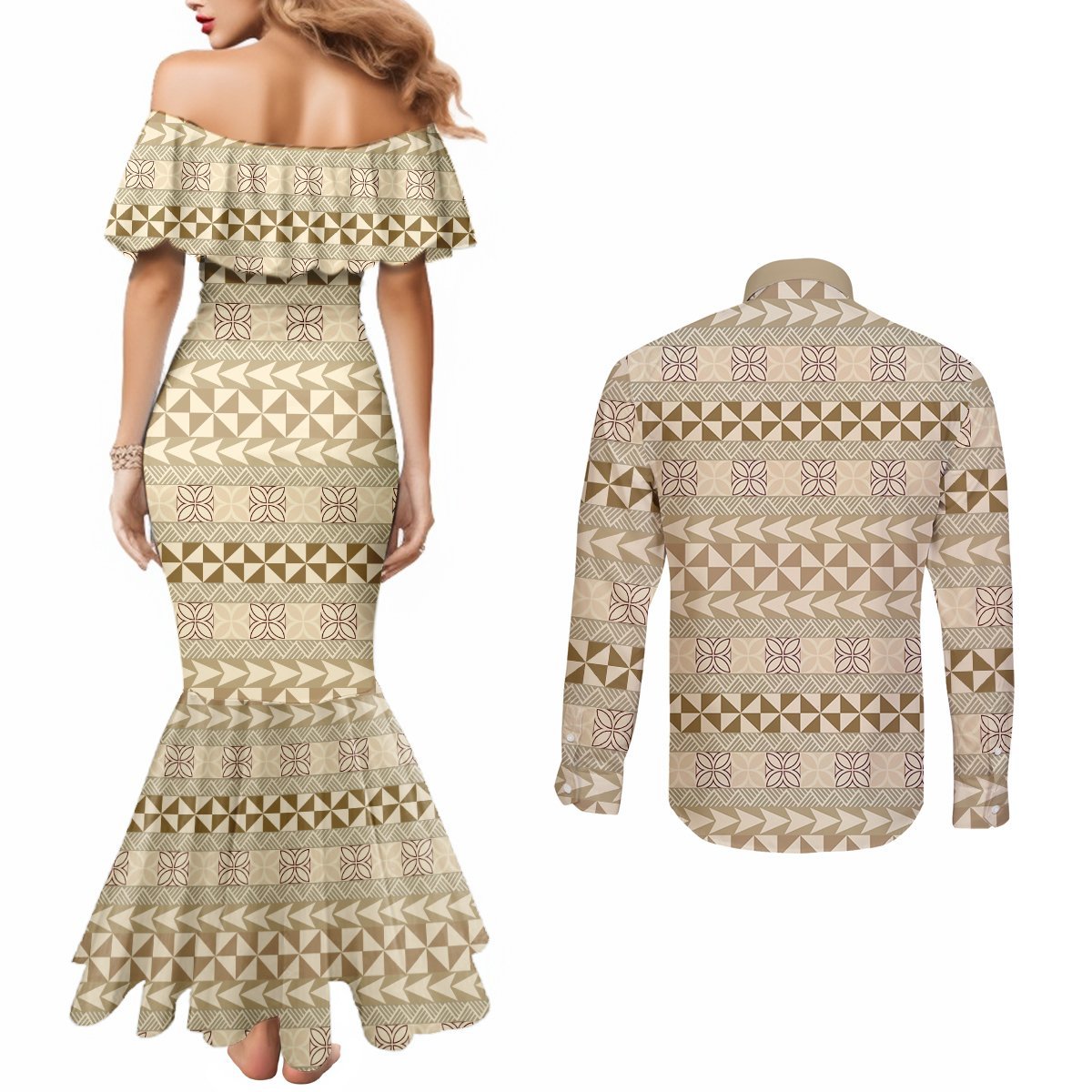 Pasifika Sataoa Pattern Simple Motif Couples Matching Mermaid Dress and Long Sleeve Button Shirt Beige Tan LT9 - Polynesian Pride