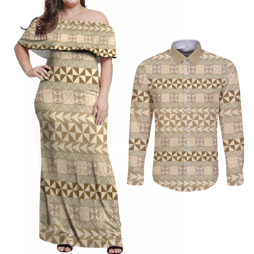 Pasifika Sataoa Pattern Simple Motif Couples Matching Off Shoulder Maxi Dress and Long Sleeve Button Shirt Beige Tan LT9 Beige Tan - Polynesian Pride