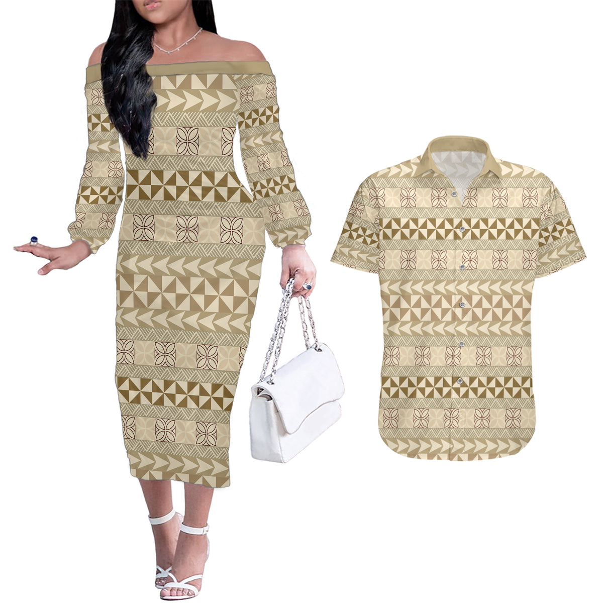 Pasifika Sataoa Pattern Simple Motif Couples Matching Off The Shoulder Long Sleeve Dress and Hawaiian Shirt Beige Tan LT9 Beige Tan - Polynesian Pride