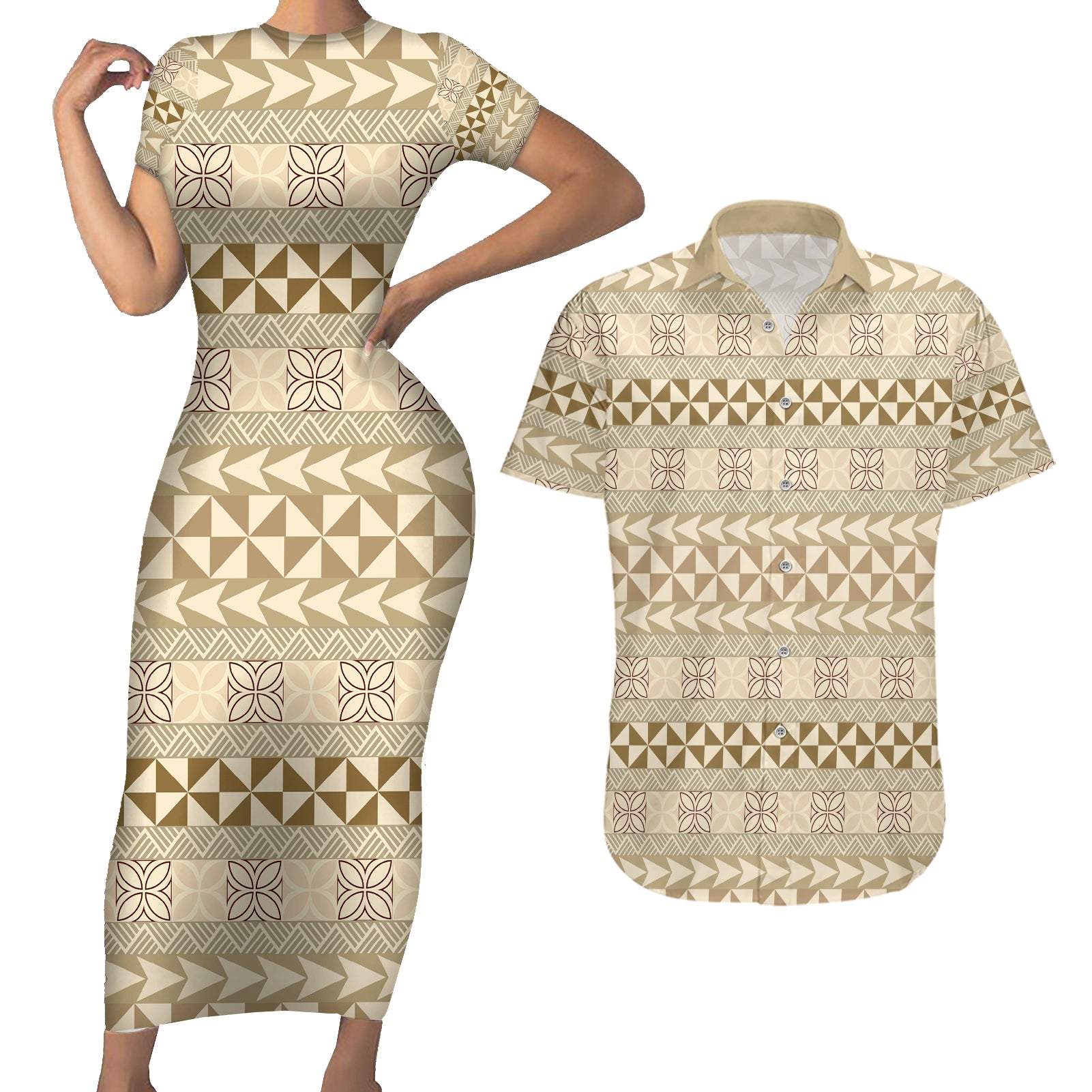 Pasifika Sataoa Pattern Simple Motif Couples Matching Short Sleeve Bodycon Dress and Hawaiian Shirt Beige Tan LT9 Beige Tan - Polynesian Pride