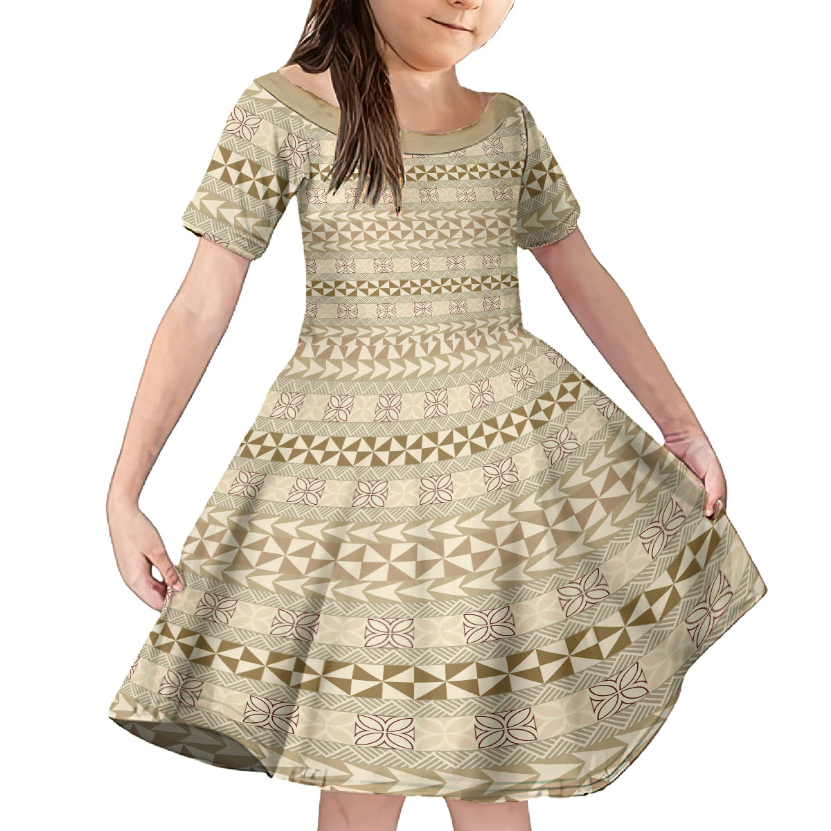 Pasifika Sataoa Pattern Simple Motif Family Matching Off Shoulder Long Sleeve Dress and Hawaiian Shirt Beige Tan LT9 Daughter's Dress Beige Tan - Polynesian Pride