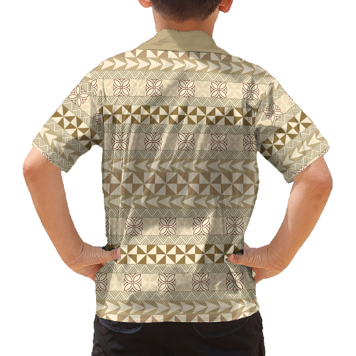 Pasifika Sataoa Pattern Simple Motif Family Matching Off Shoulder Short Dress and Hawaiian Shirt Beige Tan LT9 - Polynesian Pride