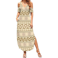 Pasifika Sataoa Pattern Simple Motif Family Matching Summer Maxi Dress and Hawaiian Shirt Beige Tan LT9 Mom's Dress Beige Tan - Polynesian Pride