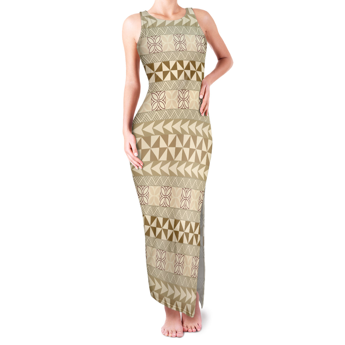 Pasifika Sataoa Pattern Simple Motif Family Matching Tank Maxi Dress and Hawaiian Shirt Beige Tan LT9 Mom's Dress Beige Tan - Polynesian Pride