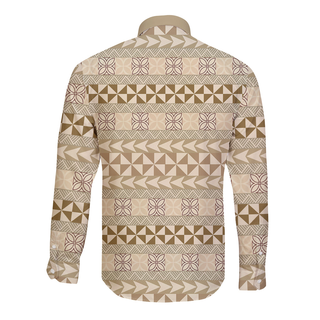 Pasifika Sataoa Pattern Simple Motif Long Sleeve Button Shirt Beige Tan LT9 - Polynesian Pride