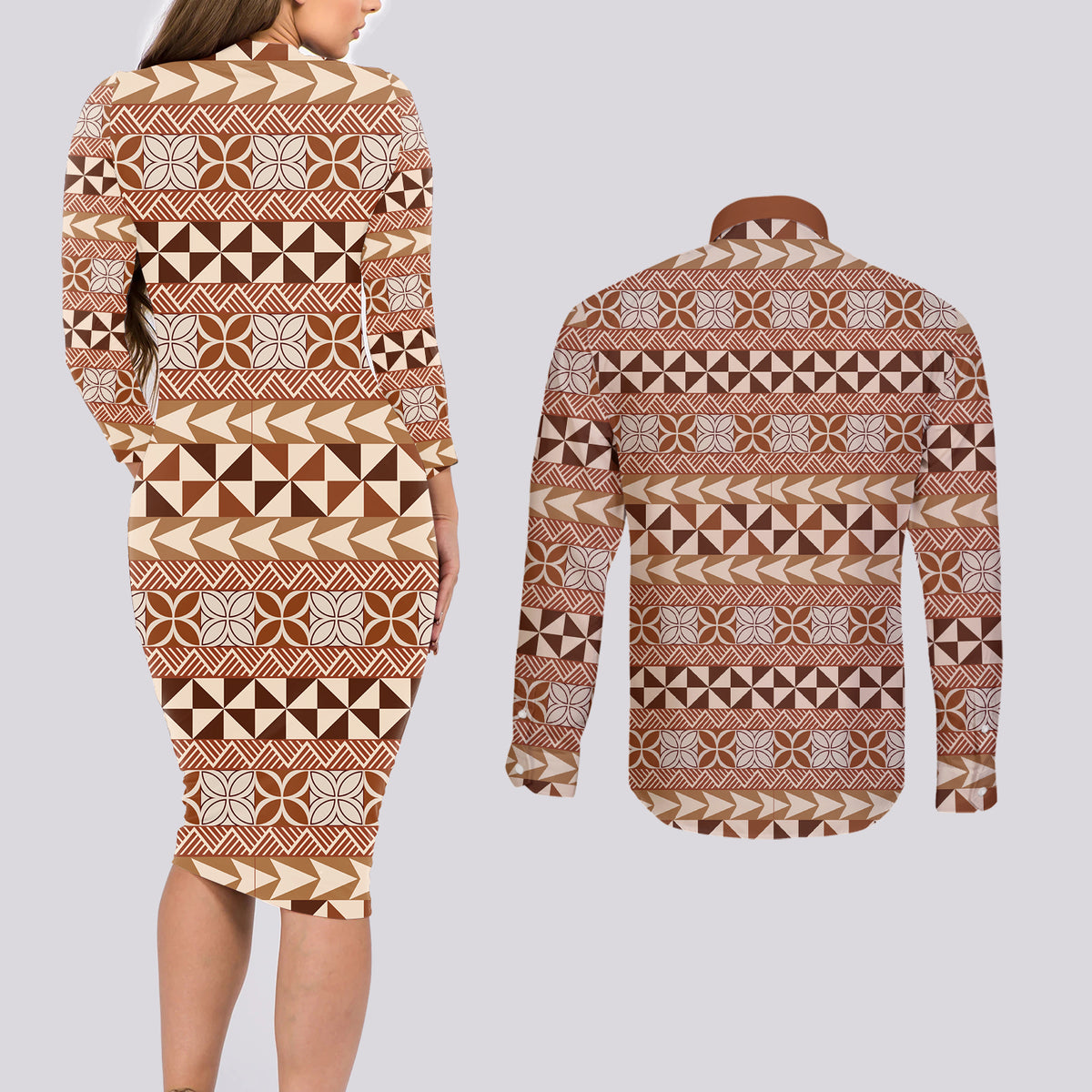 Pasifika Sataoa Pattern Simple Motif Couples Matching Long Sleeve Bodycon Dress and Long Sleeve Button Shirt Brown Beige Tan LT9 - Polynesian Pride