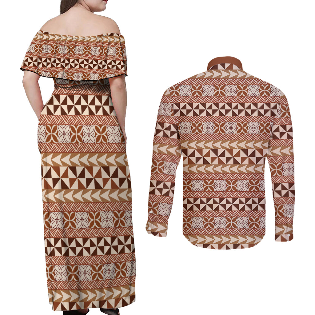 Pasifika Sataoa Pattern Simple Motif Couples Matching Off Shoulder Maxi Dress and Long Sleeve Button Shirt Brown Beige Tan LT9 - Polynesian Pride