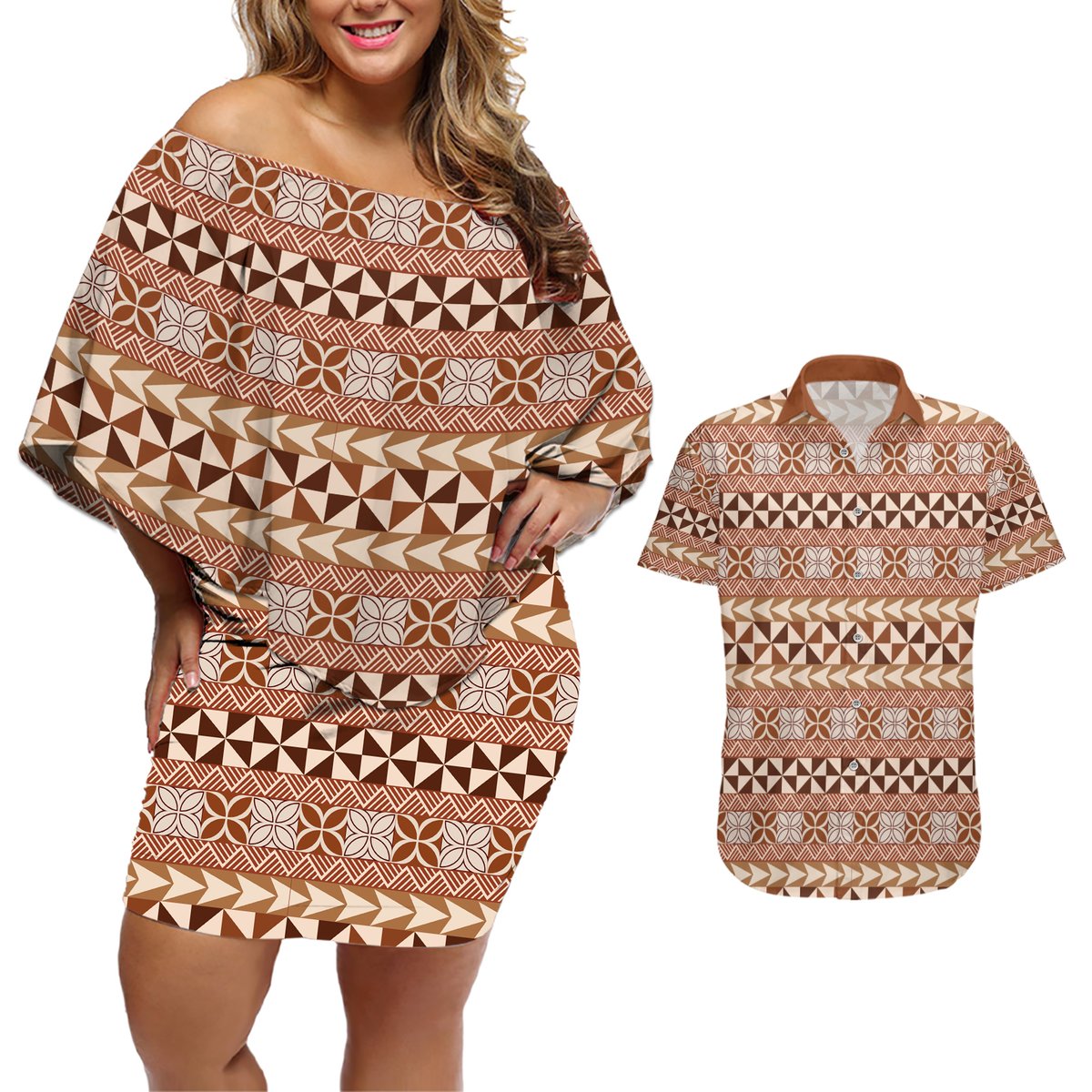 Pasifika Sataoa Pattern Simple Motif Couples Matching Off Shoulder Short Dress and Hawaiian Shirt Brown Beige Tan LT9 Brown - Polynesian Pride