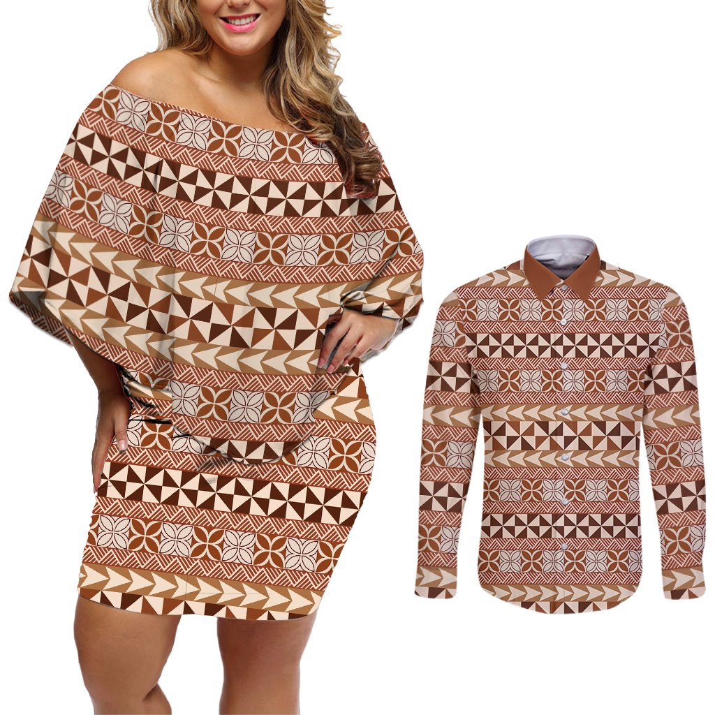Pasifika Sataoa Pattern Simple Motif Couples Matching Off Shoulder Short Dress and Long Sleeve Button Shirt Brown Beige Tan LT9 Brown - Polynesian Pride