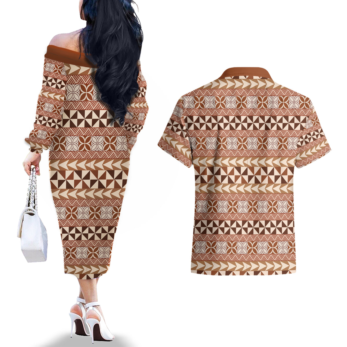 Pasifika Sataoa Pattern Simple Motif Couples Matching Off The Shoulder Long Sleeve Dress and Hawaiian Shirt Brown Beige Tan LT9 - Polynesian Pride