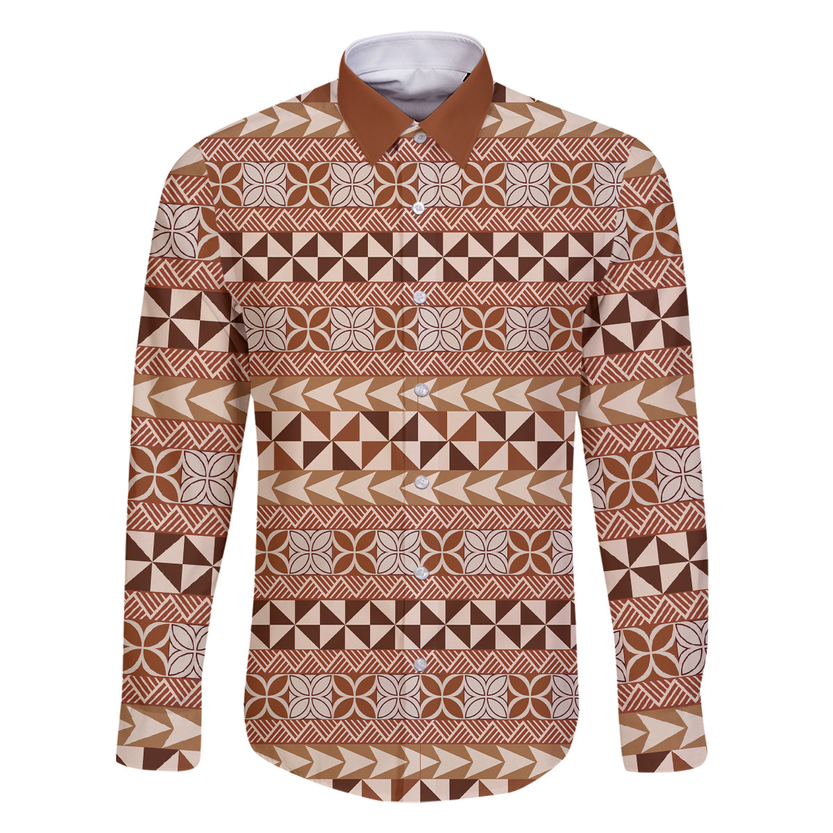 Pasifika Sataoa Pattern Simple Motif Family Matching Long Sleeve Bodycon Dress and Hawaiian Shirt Brown Beige Tan LT9 Dad's Shirt - Long Sleeve Brown - Polynesian Pride