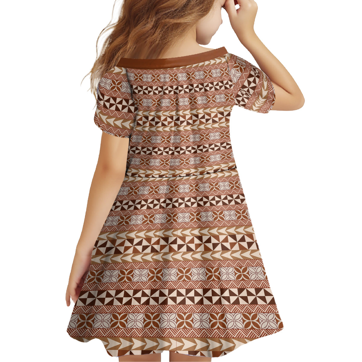 Pasifika Sataoa Pattern Simple Motif Family Matching Off Shoulder Long Sleeve Dress and Hawaiian Shirt Brown Beige Tan LT9 - Polynesian Pride