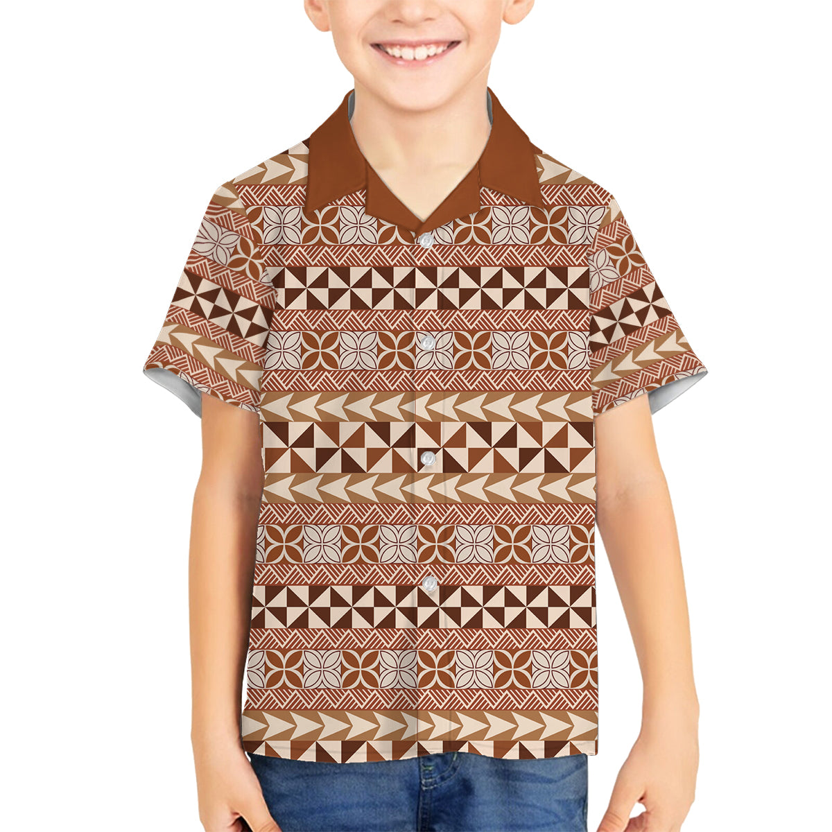 Pasifika Sataoa Pattern Simple Motif Family Matching Off Shoulder Short Dress and Hawaiian Shirt Brown Beige Tan LT9 Son's Shirt Brown - Polynesian Pride