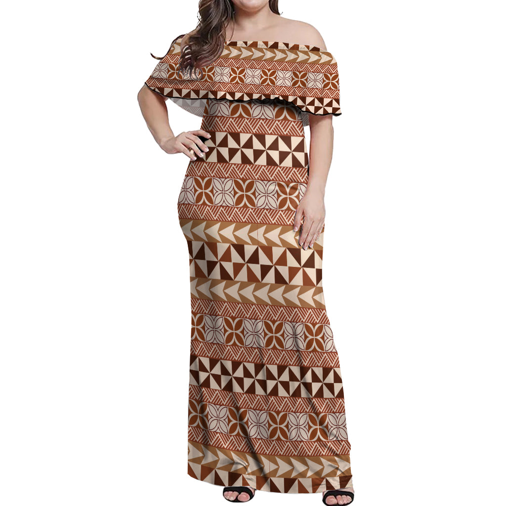 Pasifika Sataoa Pattern Simple Motif Off Shoulder Maxi Dress Brown Beige Tan LT9 Women Brown - Polynesian Pride