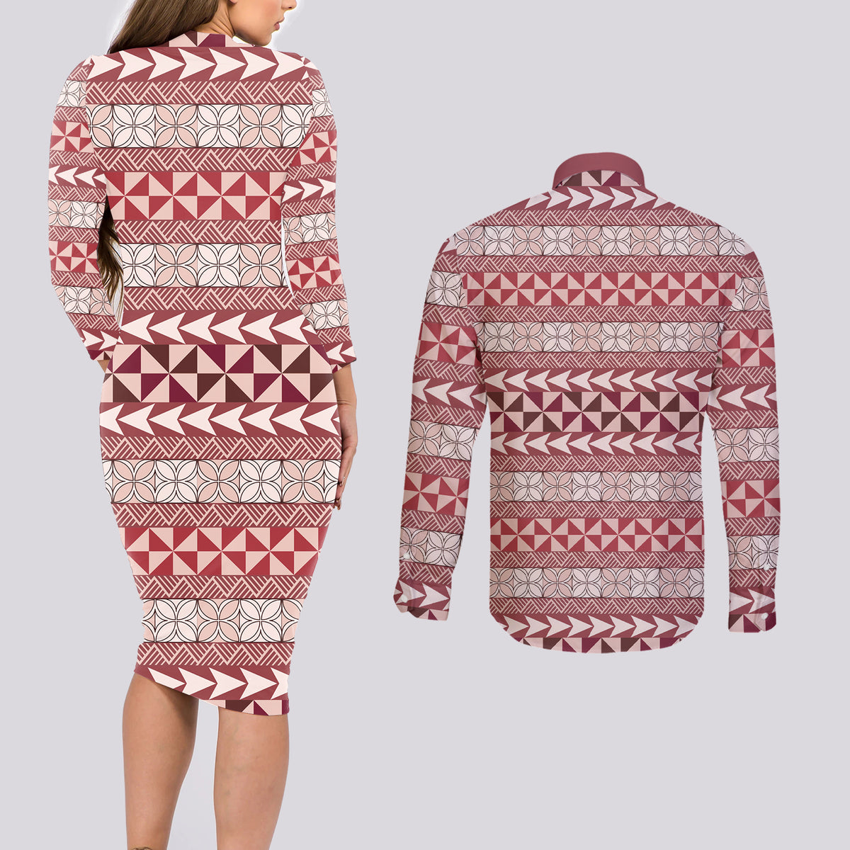 Pasifika Sataoa Pattern Simple Motif Couples Matching Long Sleeve Bodycon Dress and Long Sleeve Button Shirt Cherry LT9 - Polynesian Pride