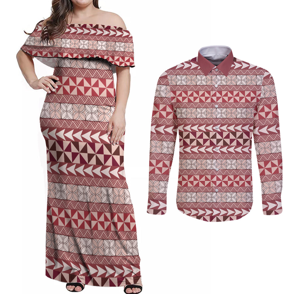 Pasifika Sataoa Pattern Simple Motif Couples Matching Off Shoulder Maxi Dress and Long Sleeve Button Shirt Cherry LT9 Cherry - Polynesian Pride