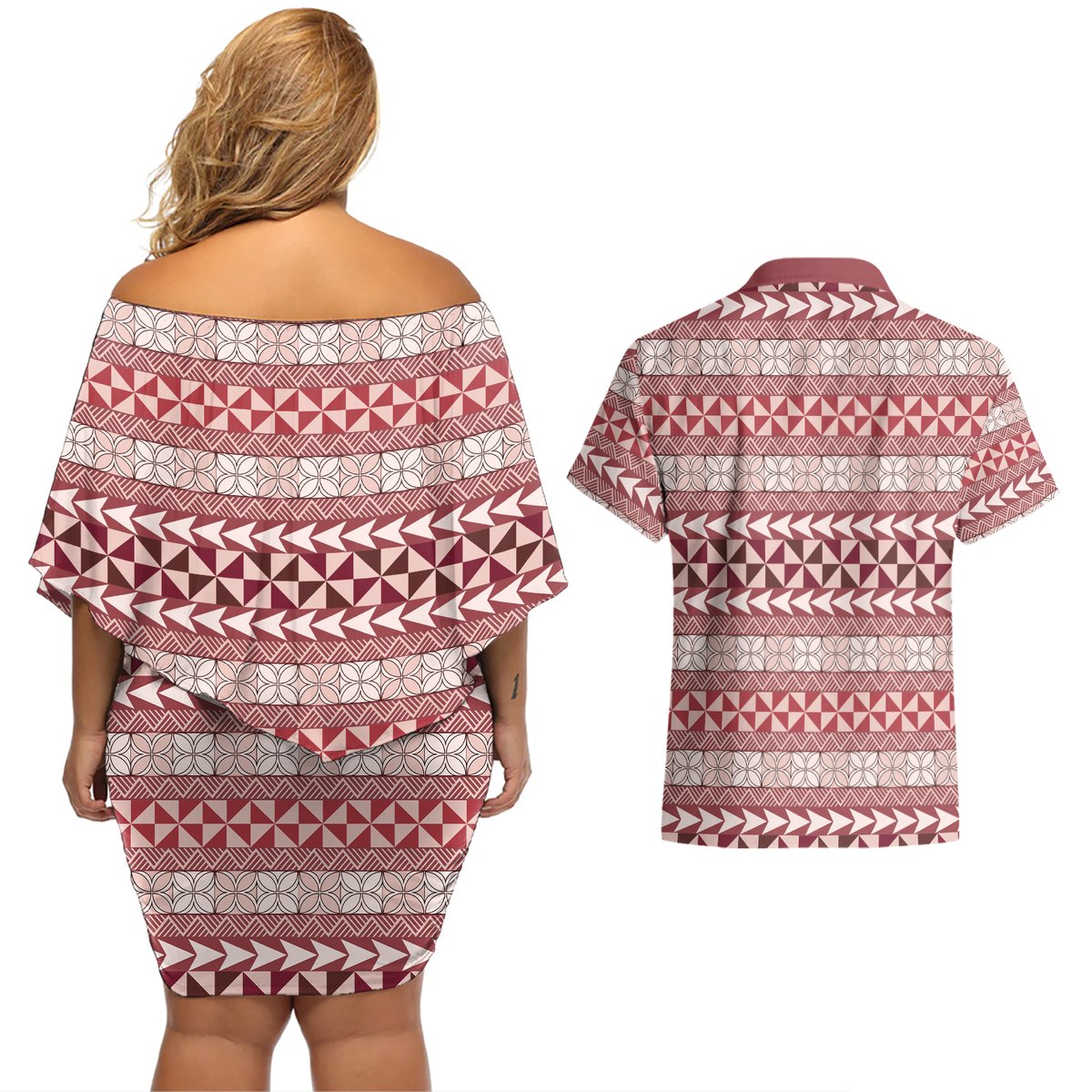 Pasifika Sataoa Pattern Simple Motif Couples Matching Off Shoulder Short Dress and Hawaiian Shirt Cherry LT9 - Polynesian Pride