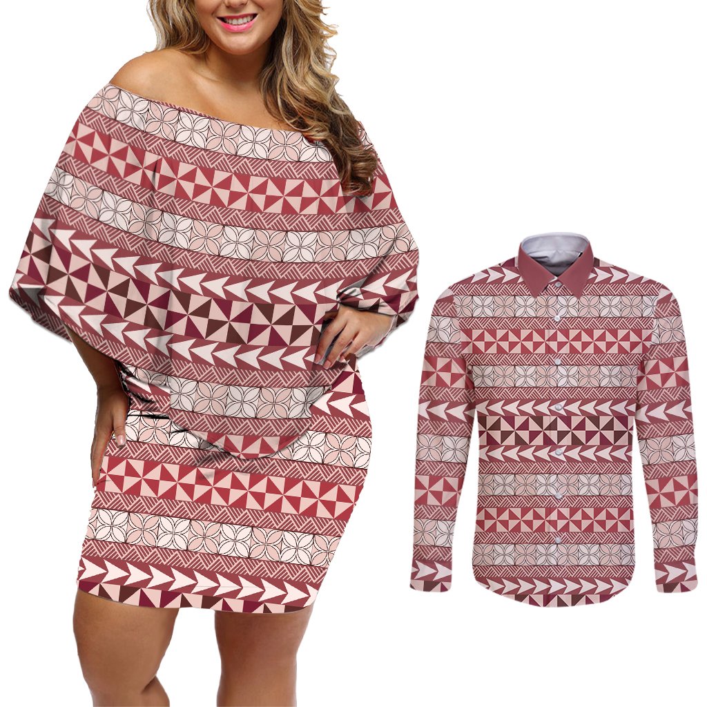 Pasifika Sataoa Pattern Simple Motif Couples Matching Off Shoulder Short Dress and Long Sleeve Button Shirt Cherry LT9 Cherry - Polynesian Pride