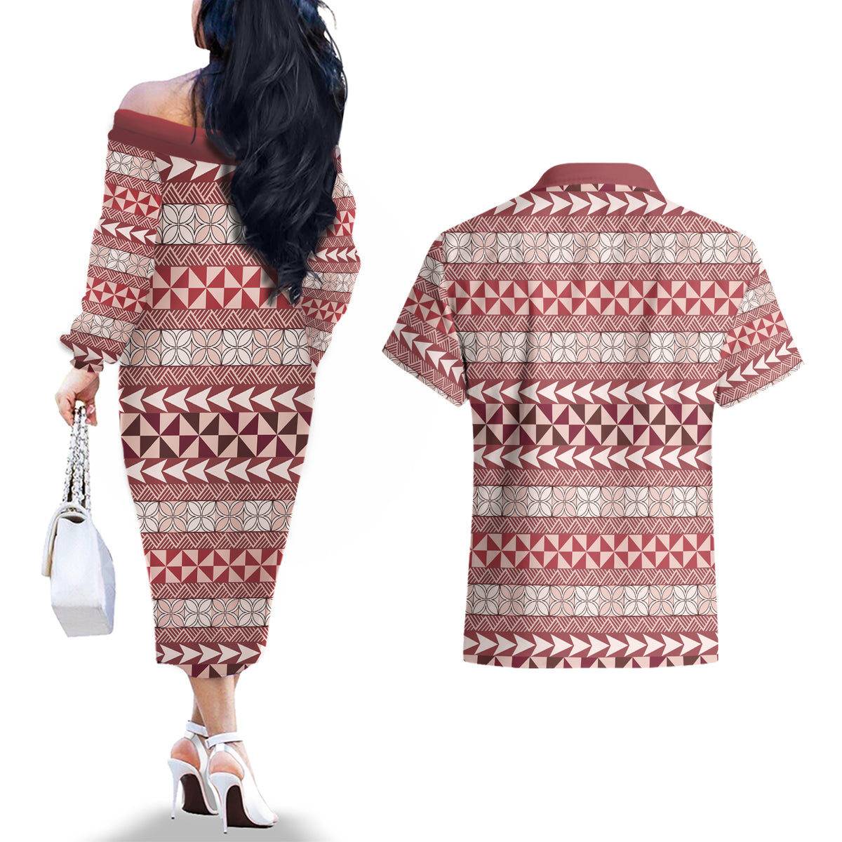 Pasifika Sataoa Pattern Simple Motif Couples Matching Off The Shoulder Long Sleeve Dress and Hawaiian Shirt Cherry LT9 - Polynesian Pride