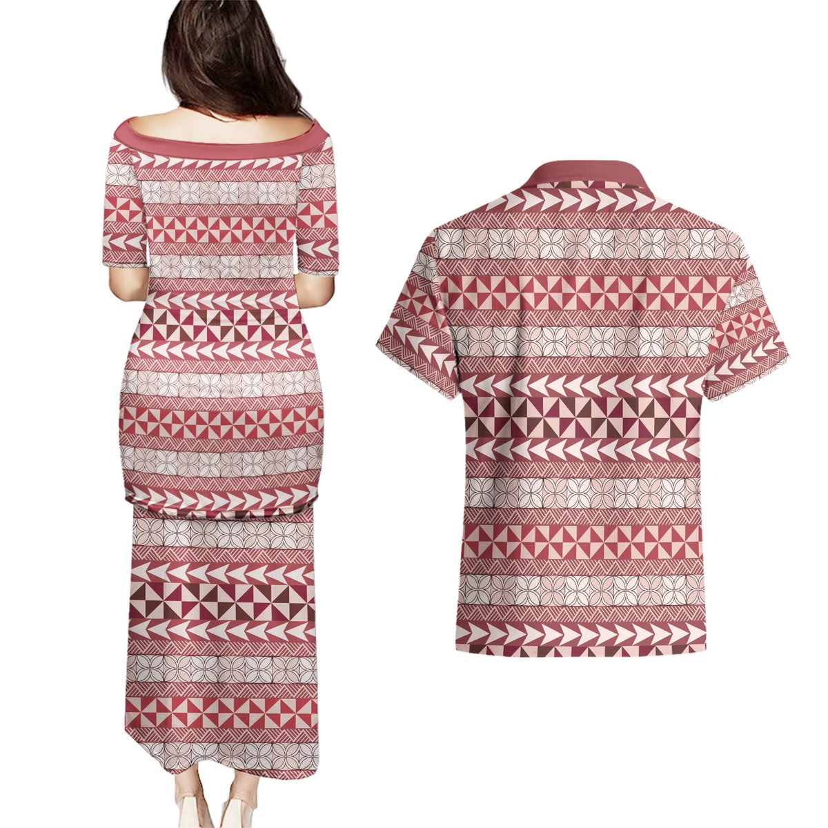 Pasifika Sataoa Pattern Simple Motif Couples Matching Puletasi and Hawaiian Shirt Cherry LT9 - Polynesian Pride
