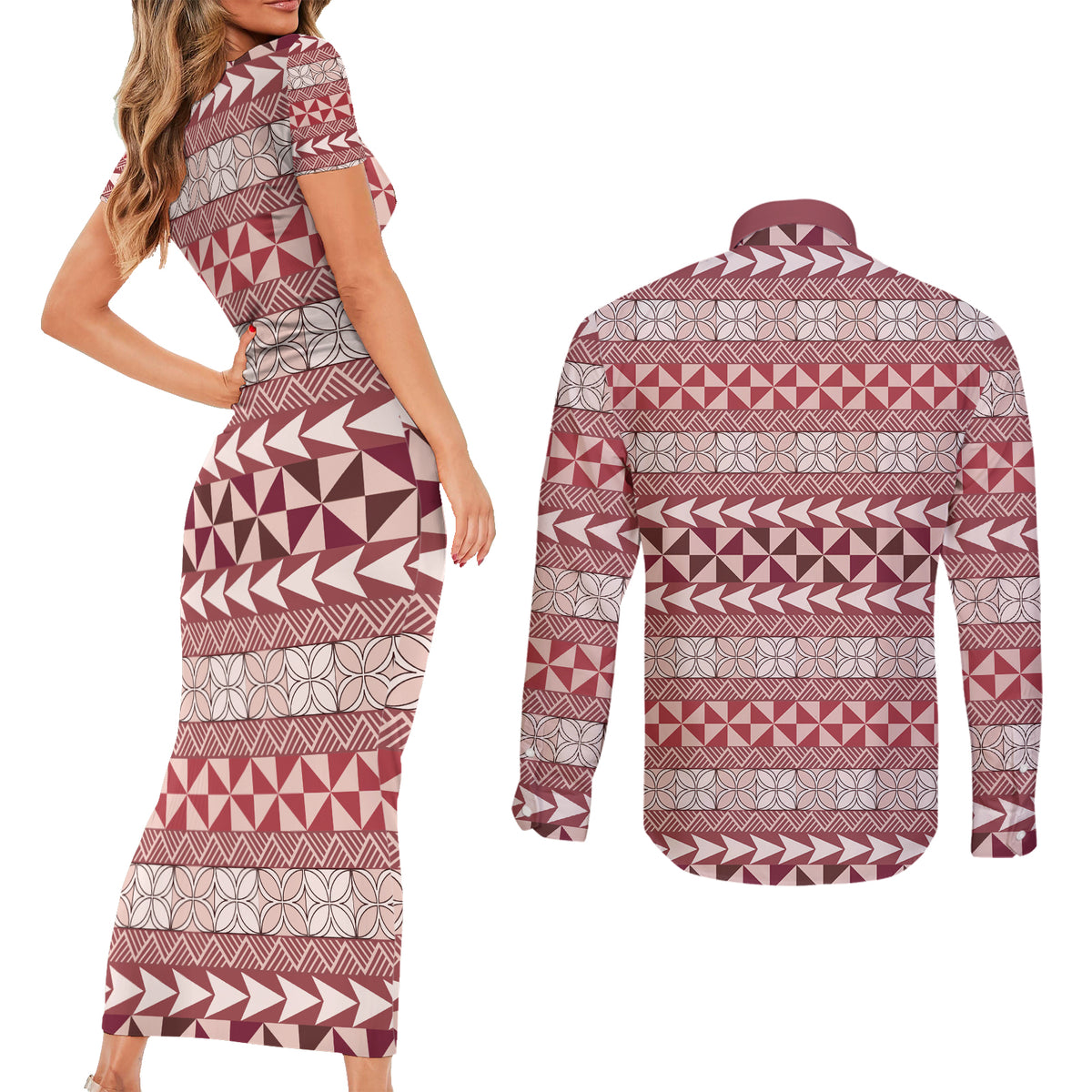 Pasifika Sataoa Pattern Simple Motif Couples Matching Short Sleeve Bodycon Dress and Long Sleeve Button Shirt Cherry LT9 - Polynesian Pride