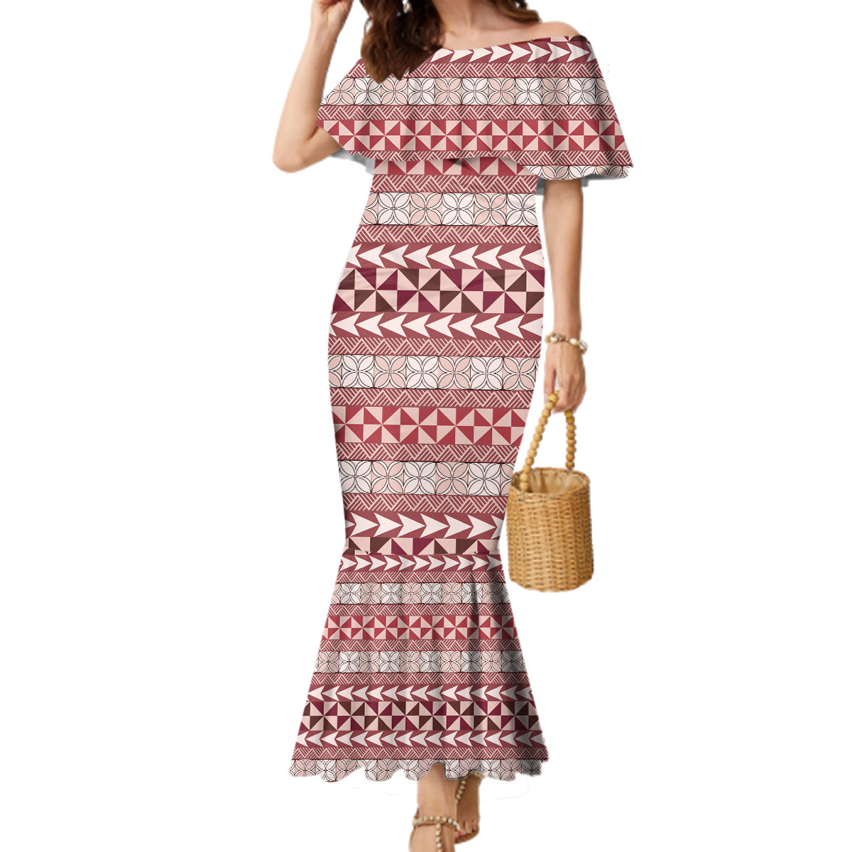 Pasifika Sataoa Pattern Simple Motif Family Matching Mermaid Dress and Hawaiian Shirt Cherry LT9 Mom's Dress Cherry - Polynesian Pride