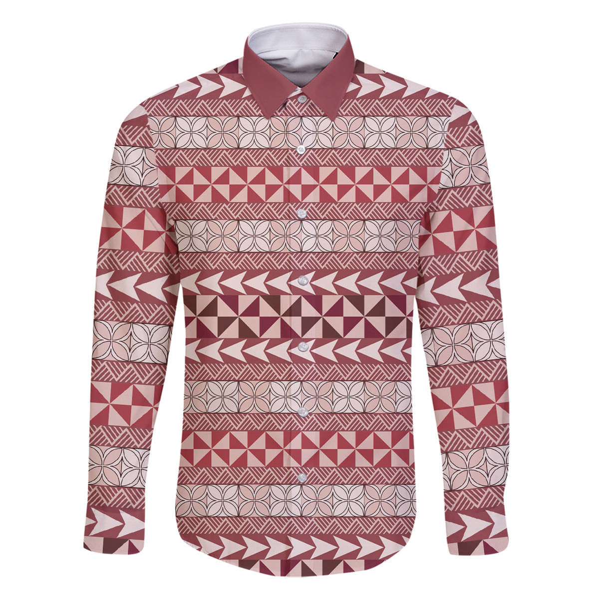 Pasifika Sataoa Pattern Simple Motif Family Matching Off Shoulder Long Sleeve Dress and Hawaiian Shirt Cherry LT9 Dad's Shirt - Long Sleeve Cherry - Polynesian Pride