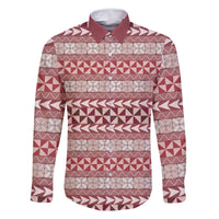 Pasifika Sataoa Pattern Simple Motif Family Matching Off Shoulder Maxi Dress and Hawaiian Shirt Cherry LT9 Dad's Shirt - Long Sleeve Cherry - Polynesian Pride