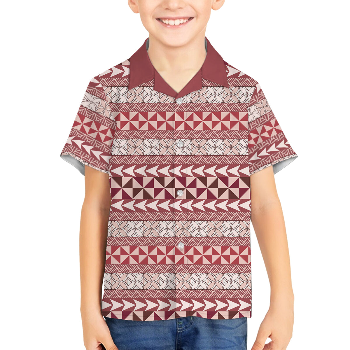 Pasifika Sataoa Pattern Simple Motif Family Matching Off Shoulder Maxi Dress and Hawaiian Shirt Cherry LT9 Son's Shirt Cherry - Polynesian Pride