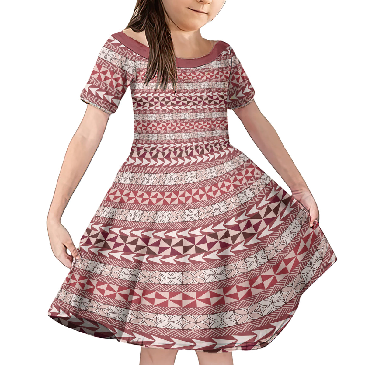 Pasifika Sataoa Pattern Simple Motif Family Matching Short Sleeve Bodycon Dress and Hawaiian Shirt Cherry LT9 Daughter's Dress Cherry - Polynesian Pride