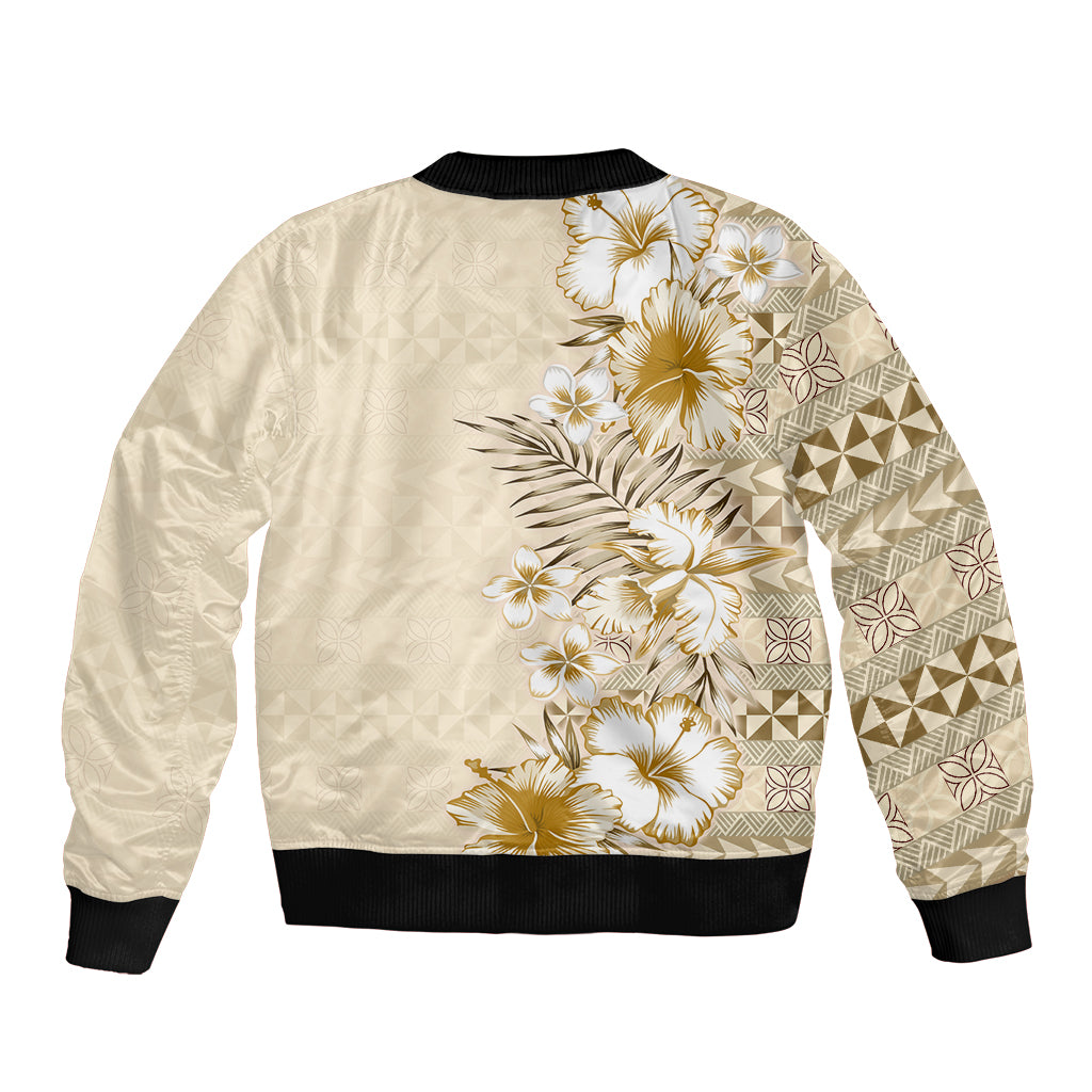 Pasifika Sataoa Pattern Plumeria Vintage Bomber Jacket Beige Tan LT9 - Polynesian Pride