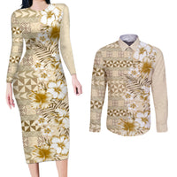 Pasifika Sataoa Pattern Plumeria Vintage Couples Matching Long Sleeve Bodycon Dress and Long Sleeve Button Shirt Beige Tan LT9 Beige Tan - Polynesian Pride