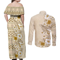 Pasifika Sataoa Pattern Plumeria Vintage Couples Matching Off Shoulder Maxi Dress and Long Sleeve Button Shirt Beige Tan LT9 - Polynesian Pride