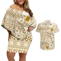 Pasifika Sataoa Pattern Plumeria Vintage Couples Matching Off Shoulder Short Dress and Hawaiian Shirt Beige Tan LT9 Beige Tan - Polynesian Pride