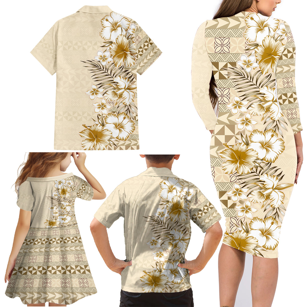 Pasifika Sataoa Pattern Plumeria Vintage Family Matching Long Sleeve Bodycon Dress and Hawaiian Shirt Beige Tan LT9 - Polynesian Pride