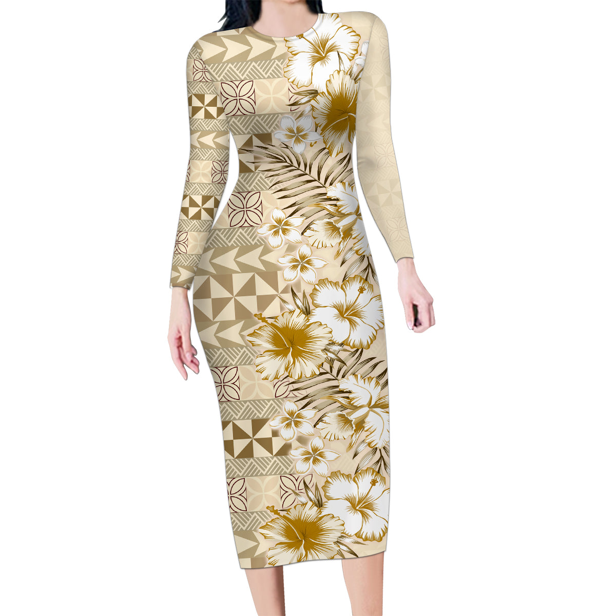 Pasifika Sataoa Pattern Plumeria Vintage Family Matching Long Sleeve Bodycon Dress and Hawaiian Shirt Beige Tan LT9 Mom's Dress Beige Tan - Polynesian Pride