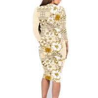 Pasifika Sataoa Pattern Plumeria Vintage Family Matching Long Sleeve Bodycon Dress and Hawaiian Shirt Beige Tan LT9 - Polynesian Pride