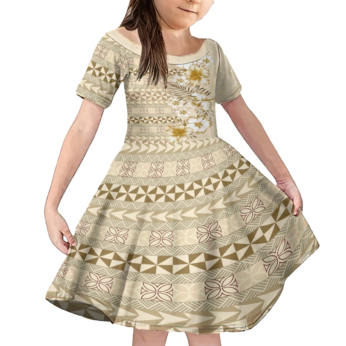 Pasifika Sataoa Pattern Plumeria Vintage Family Matching Off Shoulder Long Sleeve Dress and Hawaiian Shirt Beige Tan LT9 Daughter's Dress Beige Tan - Polynesian Pride