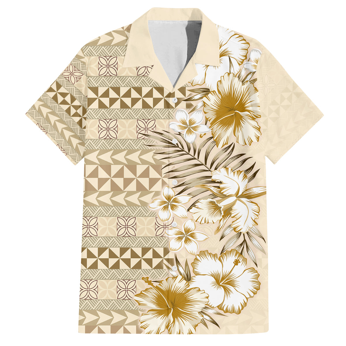 Pasifika Sataoa Pattern Plumeria Vintage Family Matching Off Shoulder Maxi Dress and Hawaiian Shirt Beige Tan LT9 Dad's Shirt - Short Sleeve Beige Tan - Polynesian Pride