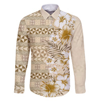 Pasifika Sataoa Pattern Plumeria Vintage Family Matching Off Shoulder Maxi Dress and Hawaiian Shirt Beige Tan LT9 Dad's Shirt - Long Sleeve Beige Tan - Polynesian Pride