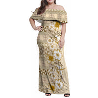 Pasifika Sataoa Pattern Plumeria Vintage Family Matching Off Shoulder Maxi Dress and Hawaiian Shirt Beige Tan LT9 Mom's Dress Beige Tan - Polynesian Pride
