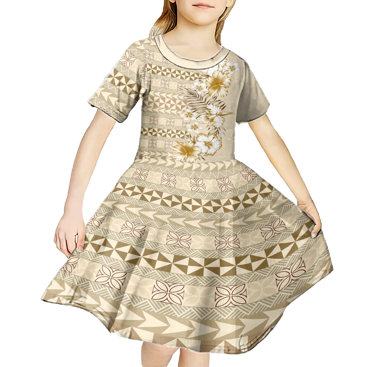 Pasifika Sataoa Pattern Plumeria Vintage Kid Short Sleeve Dress Beige Tan LT9 - Polynesian Pride
