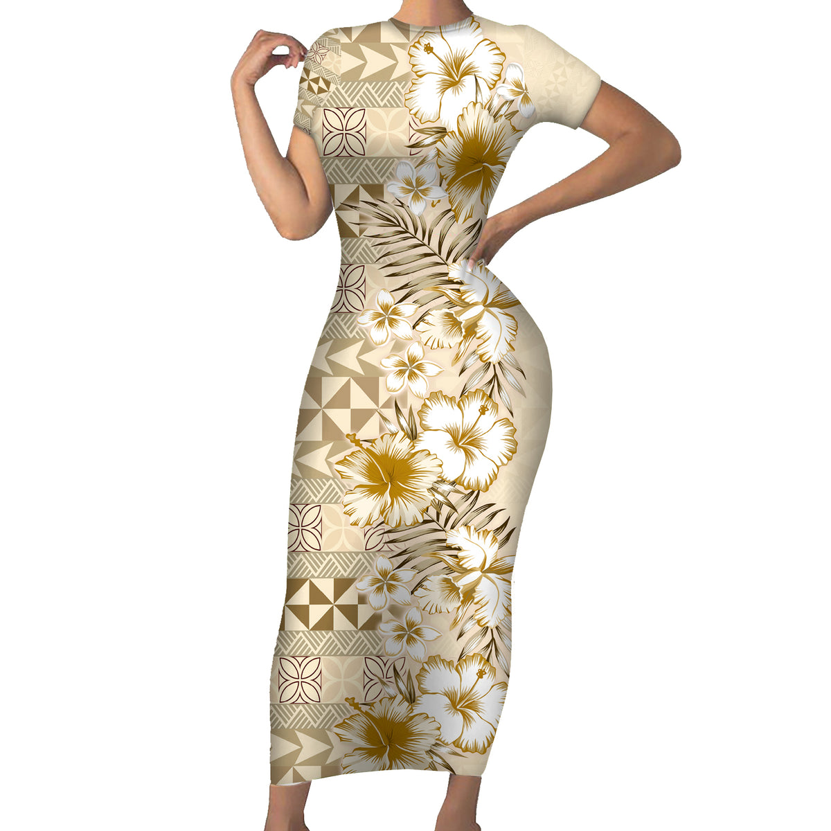 Pasifika Sataoa Pattern Plumeria Vintage Short Sleeve Bodycon Dress Beige Tan LT9 Long Dress Beige Tan - Polynesian Pride