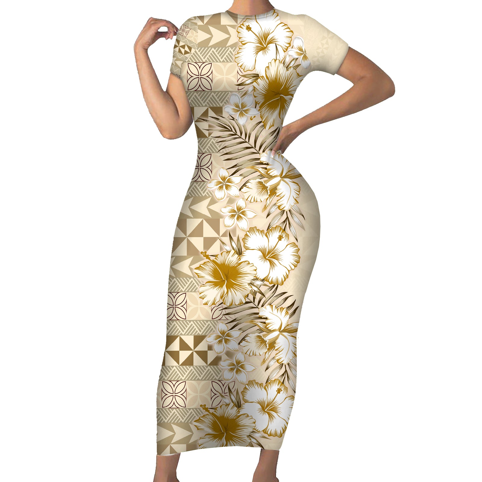 Pasifika Sataoa Pattern Plumeria Vintage Short Sleeve Bodycon Dress Beige Tan LT9 Long Dress Beige Tan - Polynesian Pride