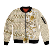 Pasifika Sataoa Pattern Plumeria Vintage Sleeve Zip Bomber Jacket Beige Tan LT9 Unisex Beige Tan - Polynesian Pride