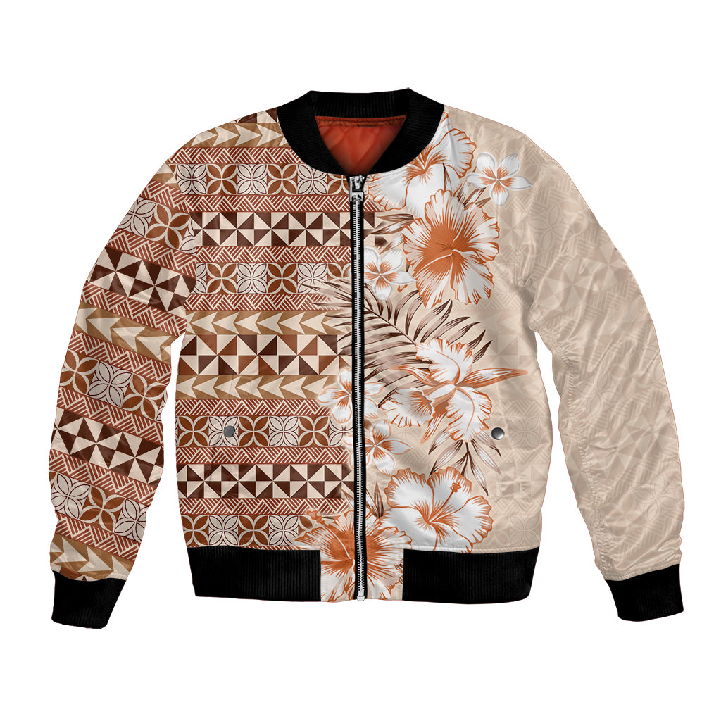 Pasifika Sataoa Pattern Plumeria Vintage Bomber Jacket Brown Beige Tan LT9 Unisex Brown - Polynesian Pride
