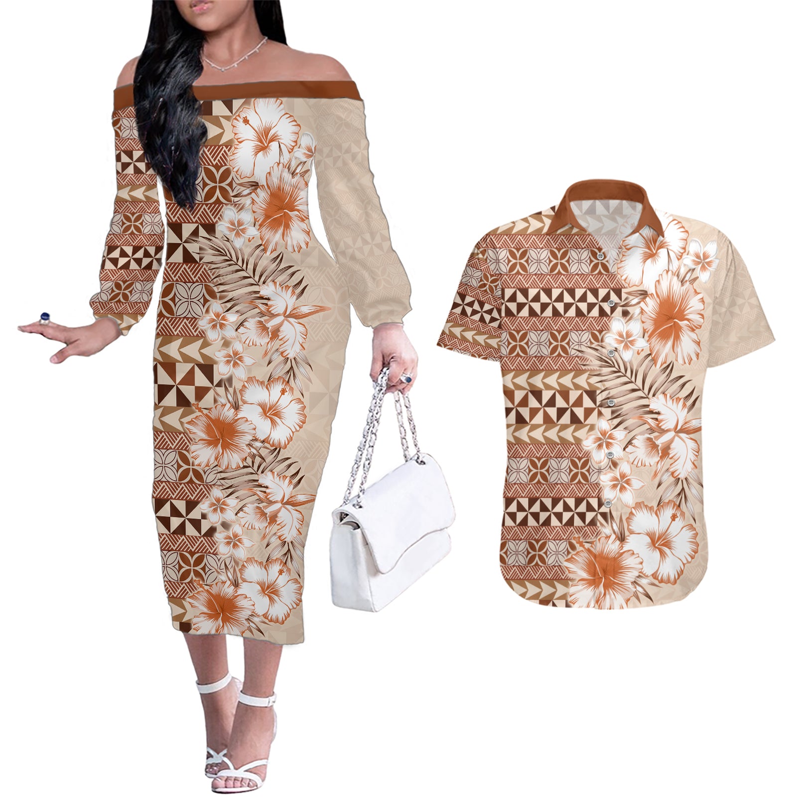 Pasifika Sataoa Pattern Plumeria Vintage Couples Matching Off The Shoulder Long Sleeve Dress and Hawaiian Shirt Brown Beige Tan LT9 Brown - Polynesian Pride